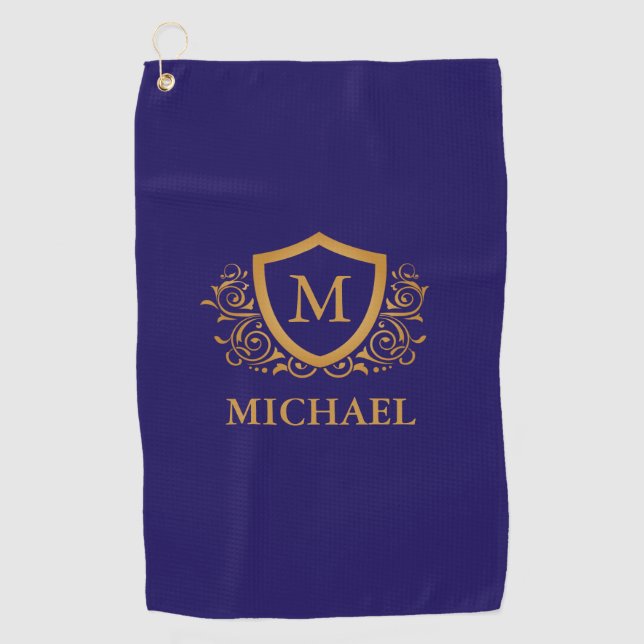 Navy Blue and Gold Personalised Monogram Name Golf Towel (Front)