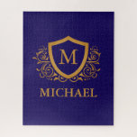 Navy Blue and Gold Personalised Monogram Name Jigsaw Puzzle<br><div class="desc">Navy Blue and Gold Personalised Stylish Monogram Name. For further customisation,  please click the "Customise it" button and use our design tool to modify this template.</div>