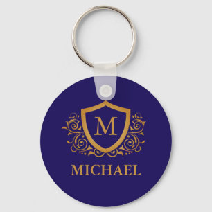 Navy Blue and Gold Personalised Monogram Name Key Ring