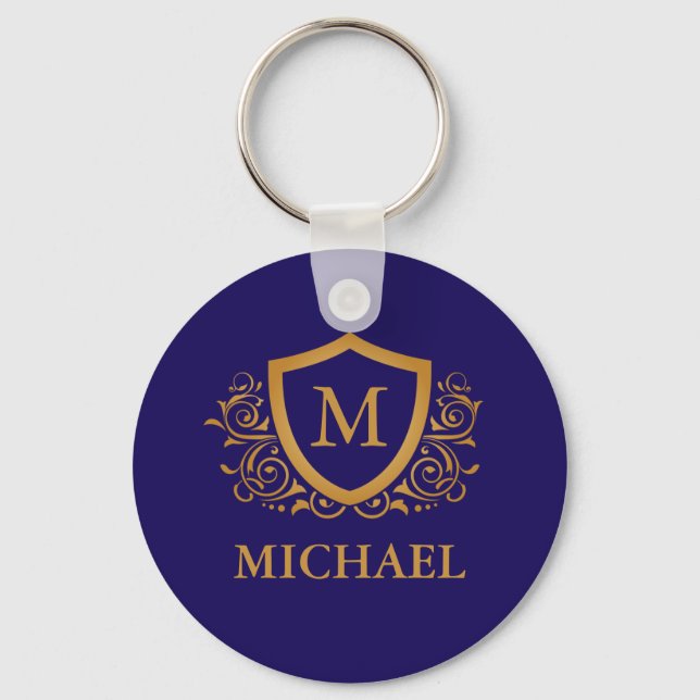 Navy Blue and Gold Personalised Monogram Name Key Ring (Front)