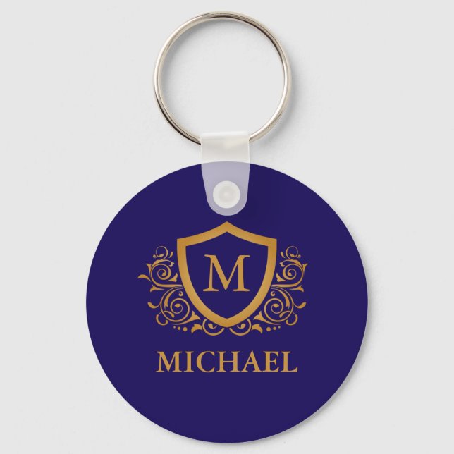 Navy Blue and Gold Personalised Monogram Name Key Ring (Front)
