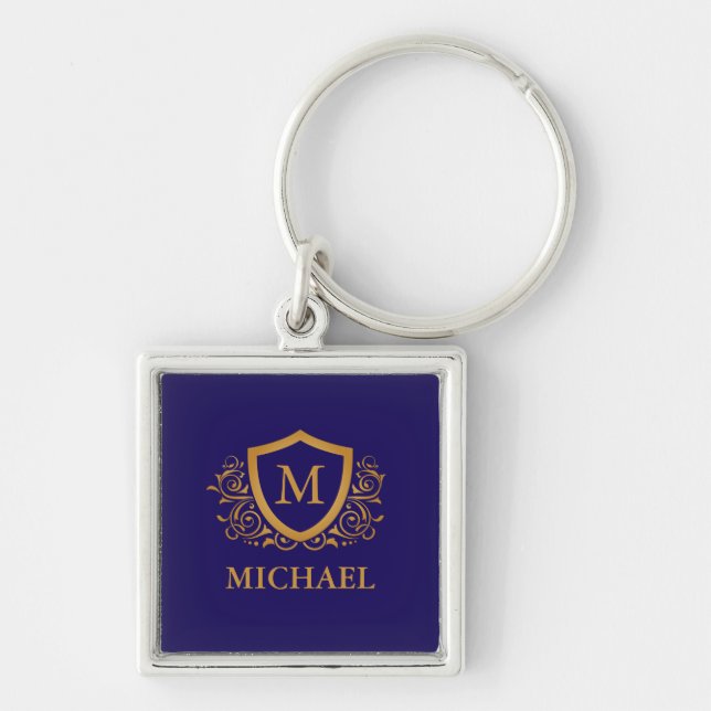 Navy Blue and Gold Personalised Monogram Name Key Ring (Front)