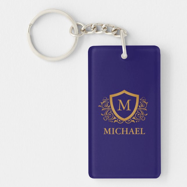 Navy Blue and Gold Personalised Monogram Name Key Ring (Front)