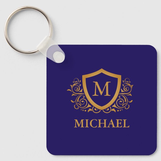 Navy Blue and Gold Personalised Monogram Name Key Ring (Front)