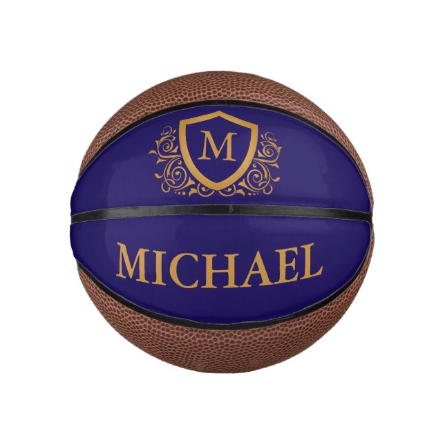 Navy Blue and Gold Personalised Monogram Name Mini Basketball (Front)