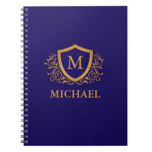 Navy Blue and Gold Personalised Monogram Name Notebook