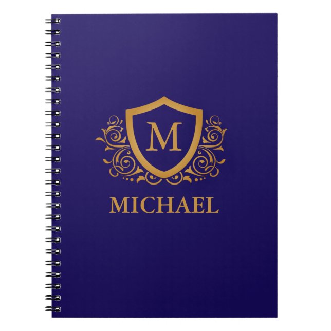 Navy Blue and Gold Personalised Monogram Name Notebook (Front)