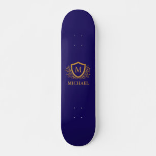 Navy Blue and Gold Personalised Monogram Name Skateboard