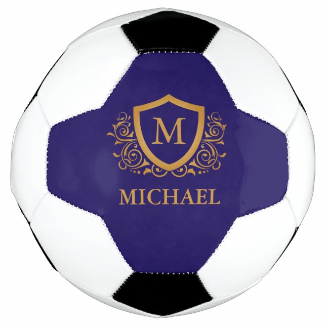 Navy Blue and Gold Personalised Monogram Name Soccer Ball (Front)
