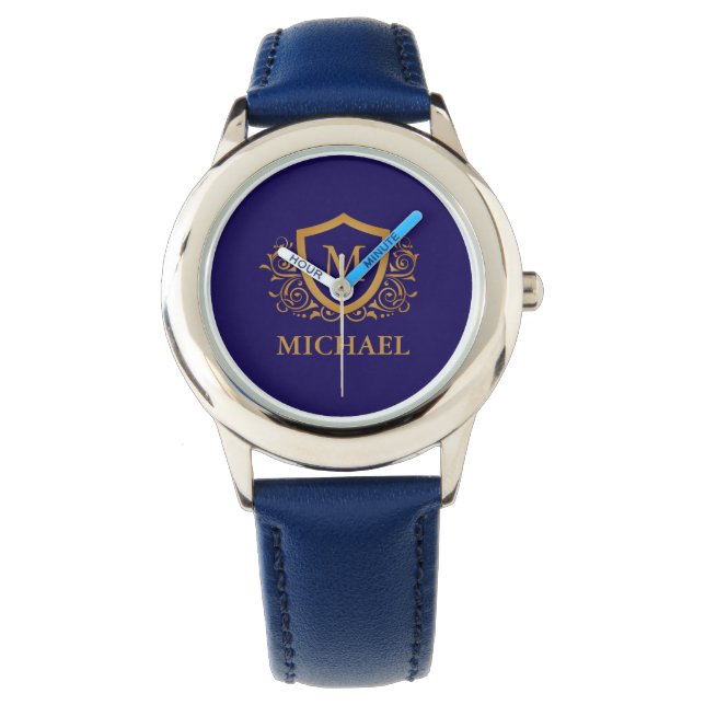 Navy Blue and Gold Personalised Monogram Name Watch (Front)
