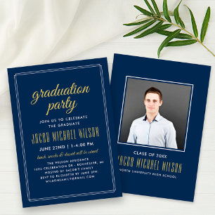 Navy Blue and Gold Photo Graduation Party Invitation