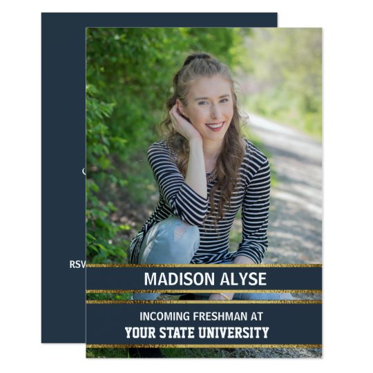 Navy Blue and Gold Photo Trunk Party Card