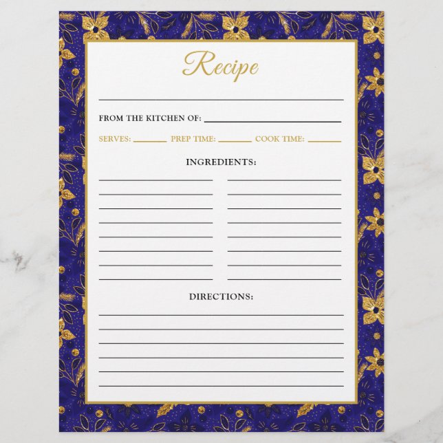 Navy Blue and Gold Poinsettia Flowers Recipe Page (Front)