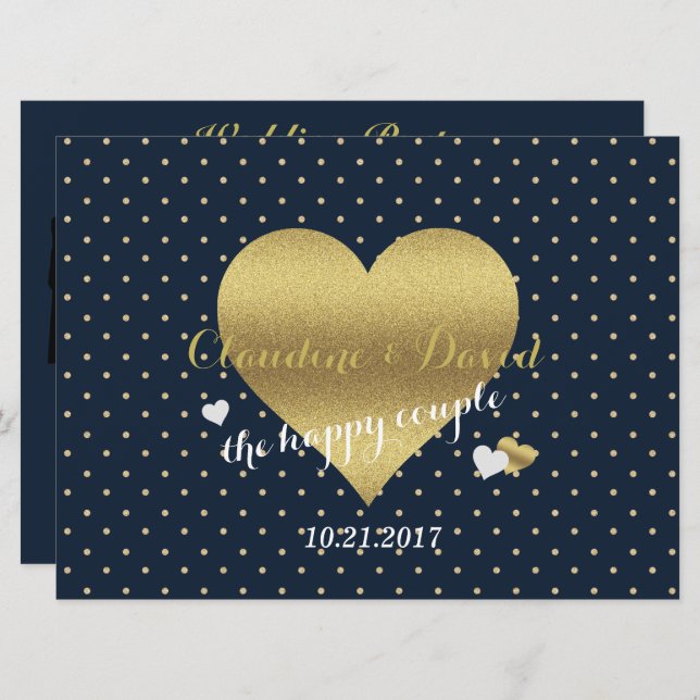 Navy Blue And Gold Polka Dots Wedding Party Invitation (Front/Back)