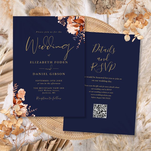 Navy Blue And Gold QR Code Fall Wedding Invitation (Navy Blue And Gold QR Code Fall Wedding Invitation)