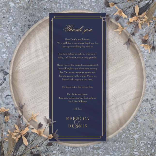 Navy Blue And Gold Reception Thank You Place Card (Navy Blue And Gold Reception Thank You Place Card)