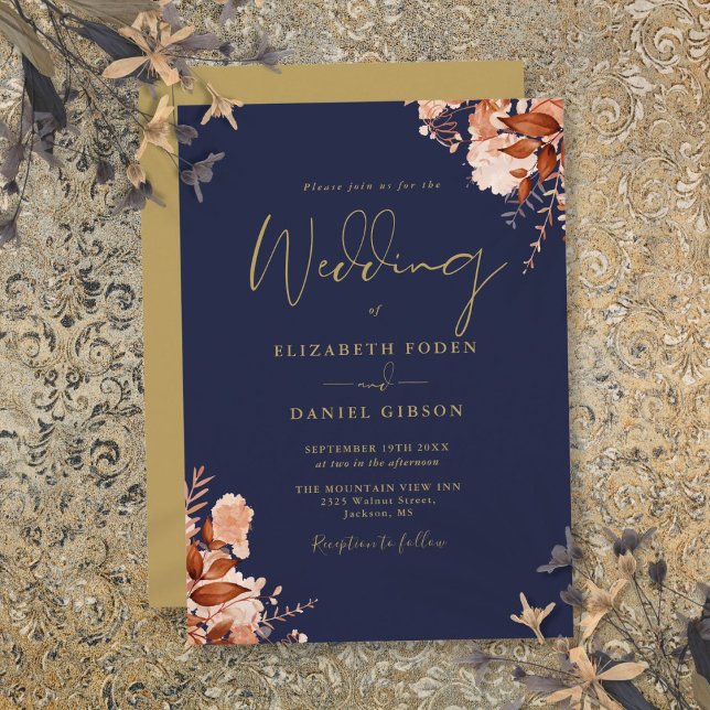 Navy Blue And Gold Rustic Floral Wedding Invitation (Navy Blue And Gold Rustic Floral Wedding Invitation)