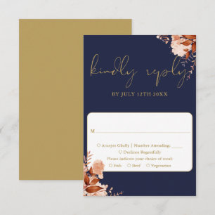 Navy Blue And Gold Rustic Floral Wedding RSVP Card