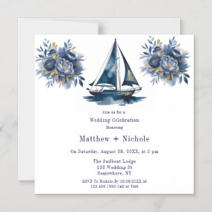 Navy Blue and Gold Sailboat Nautical Wedding Magnetic Invitation