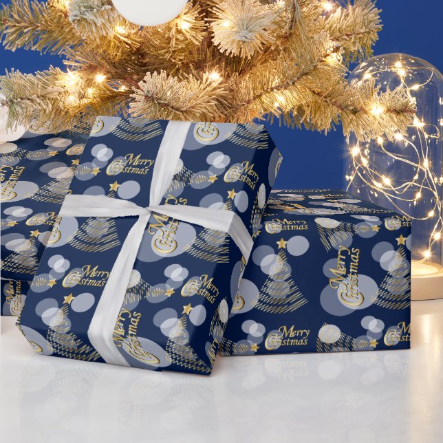 Navy Blue and Gold Scribble Christmas Tree Wrapping Paper (Holidays)