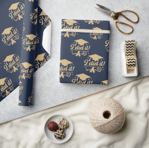 Navy Blue and Gold script  I did it Graduation Wrapping Paper