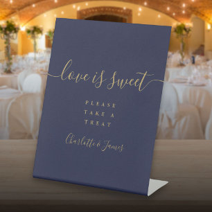 Navy Blue And Gold Script Love Is Sweet Favor Pedestal Sign