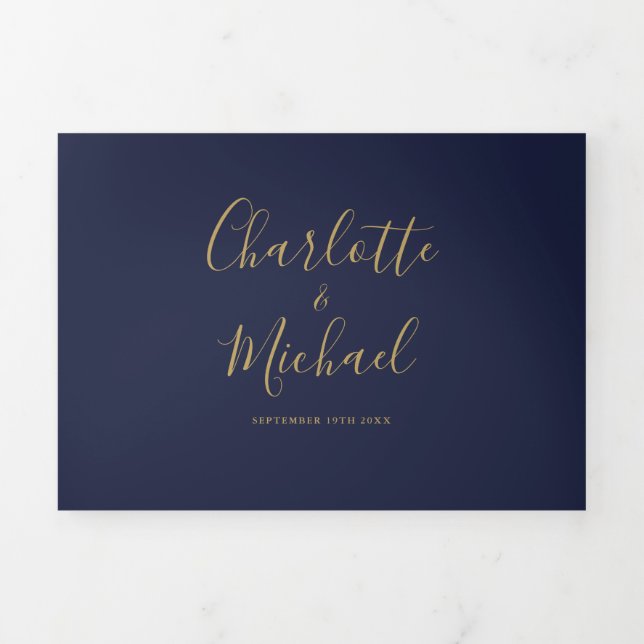 Navy Blue And Gold Script Minimalist Photo Wedding Tri-Fold Invitation (Cover)
