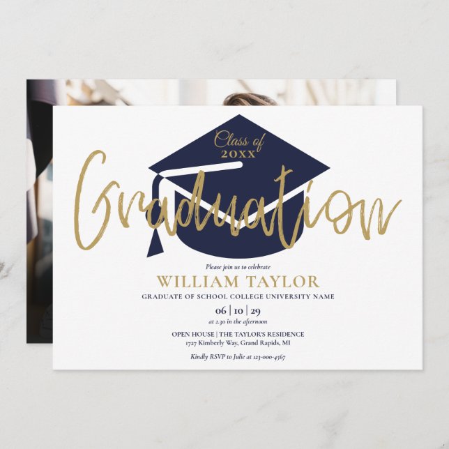 Navy Blue And Gold Script Photo Graduation Party Invitation (Front/Back)
