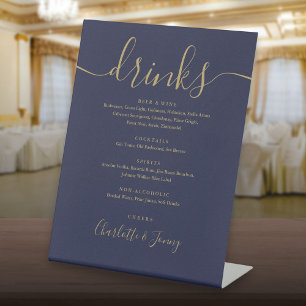 Navy Blue And Gold Script Wedding Drinks Menu Pedestal Sign