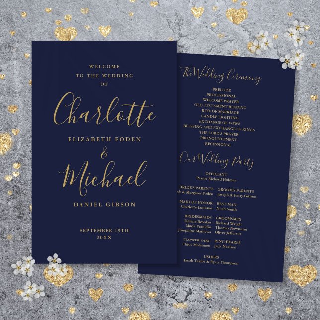 Navy Blue And Gold Script Wedding Program (Navy Blue And Gold Script Wedding Program)