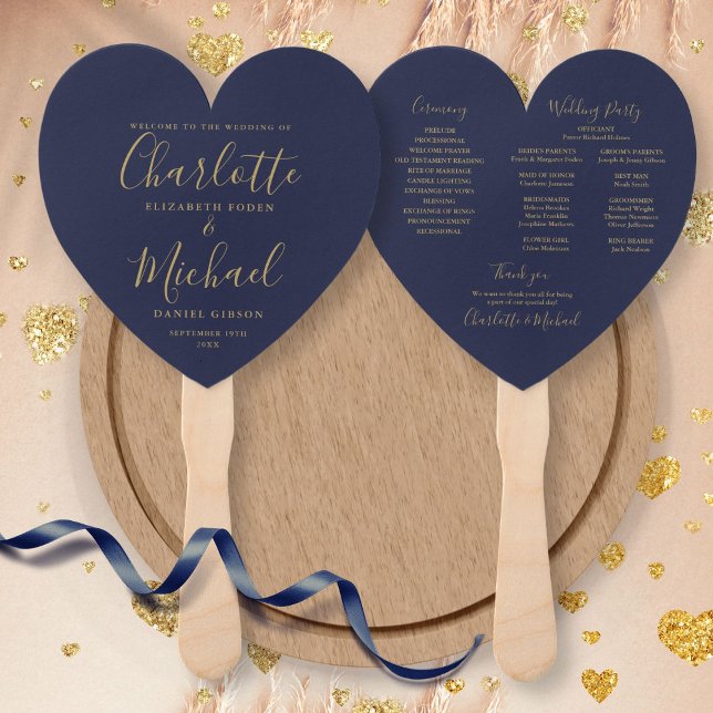Navy Blue And Gold Script Wedding Program Hand Fan (Creator Uploaded)
