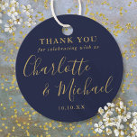 Navy Blue And Gold Script Wedding Thank You Favour Tags<br><div class="desc">Featuring signature style names,  this elegant navy blue tag can be personalised with your special thank you information in chic gold lettering. Designed by Thisisnotme©</div>