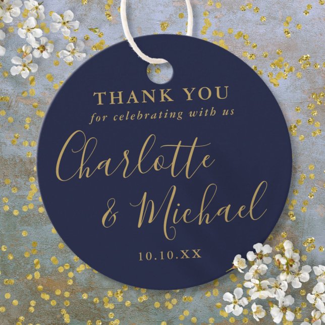 Navy Blue And Gold Script Wedding Thank You Favour Tags