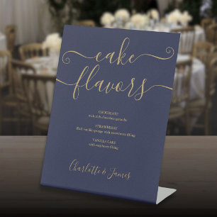 Navy Blue And Gold Signature Script Cake Flavours Pedestal Sign