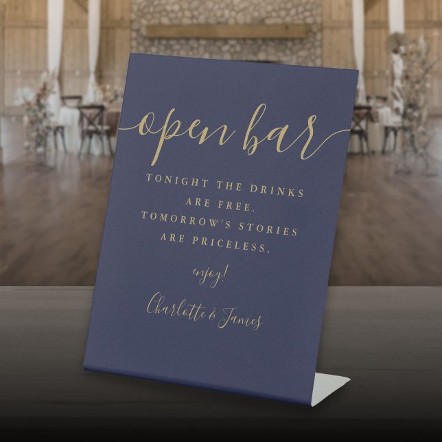 Navy Blue And Gold Signature Script Open Bar Pedestal Sign (Navy Blue And Gold Signature Script Open Bar Pedestal Sign)