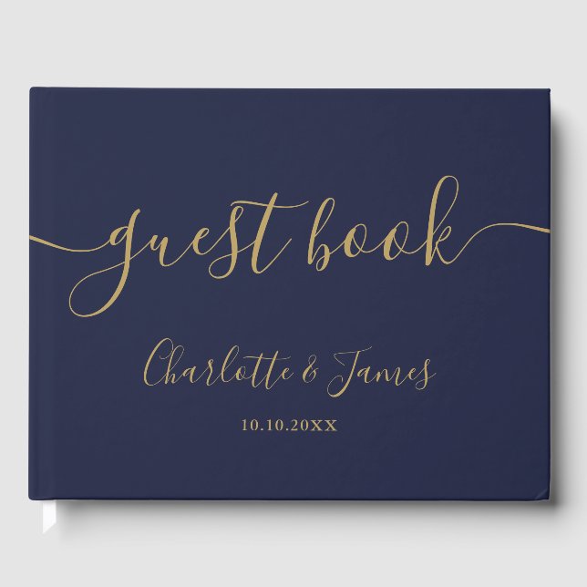 Navy Blue And Gold Signature Script Photo Wedding Guest Book (Front)