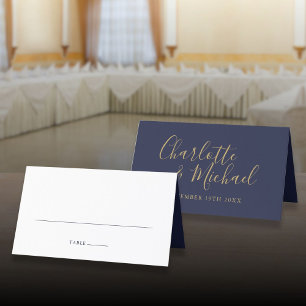 Navy Blue And Gold Signature Script Wedding Place Card