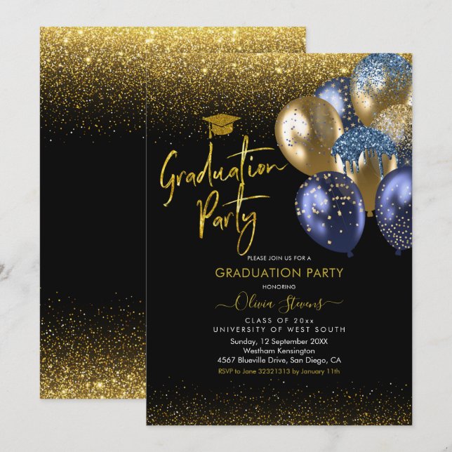 Navy Blue and Gold Sparkling Graduation Party Invitation (Front/Back)