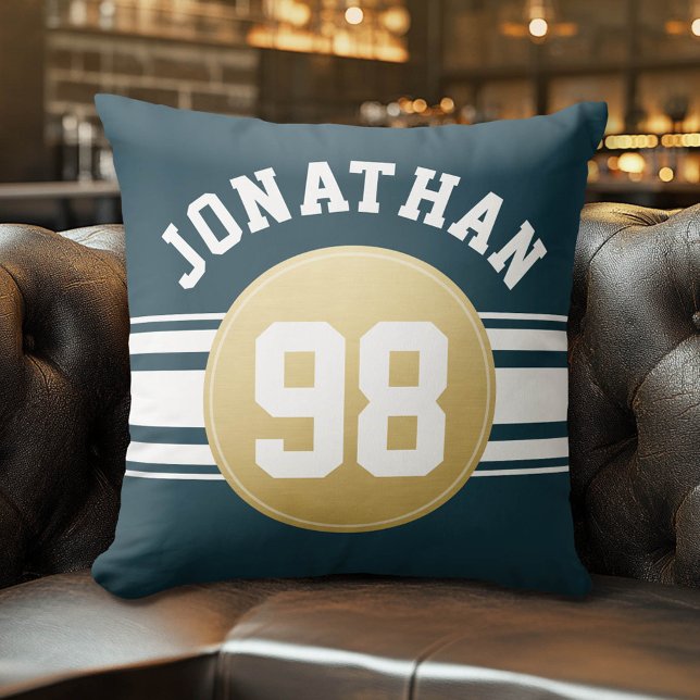 Navy Blue and Gold Sports Jersey Stripes Name Cushion (Custom Pillow)