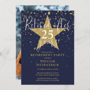 Navy Blue And Gold Stars Photo Retirement Party Invitation