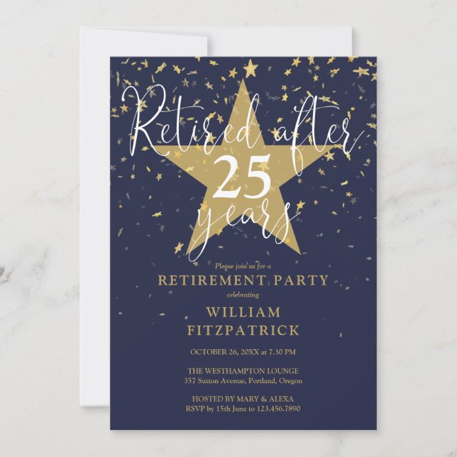 Navy Blue And Gold Stars Retirement Party Invitation (Front)