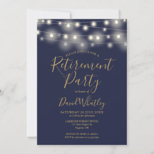 Navy Blue And Gold String Lights Retirement Party Invitation