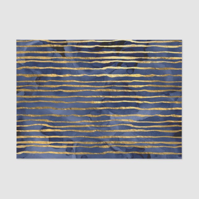Navy Blue and Gold Striped Pattern Tissue Paper (Front)