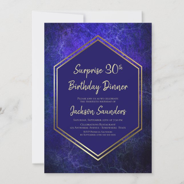 Navy Blue and Gold Surprise 30th Birthday Dinner Invitation (Front)