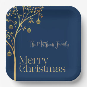 Navy Blue And Gold tree Christmas Script Name Paper Plate