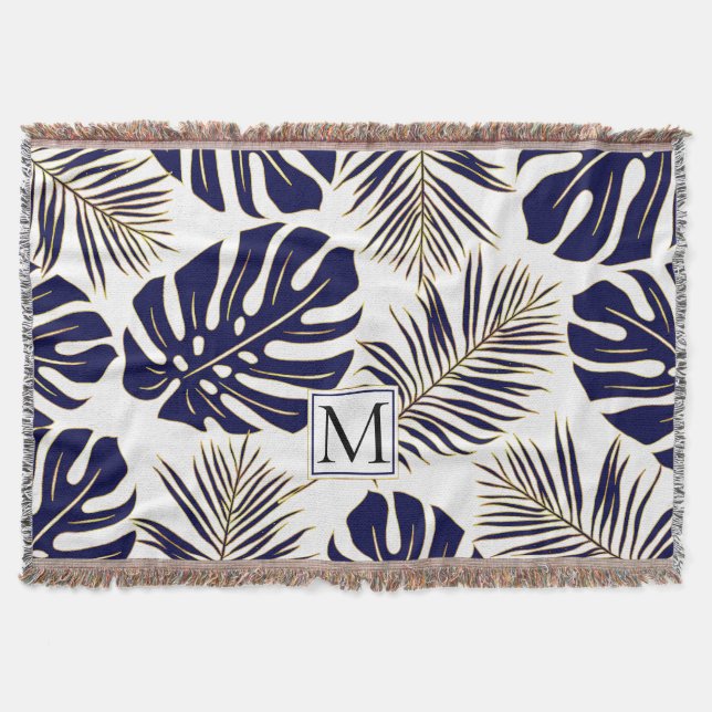 Navy blue and gold tropical leaves and monogram throw blanket (Front)