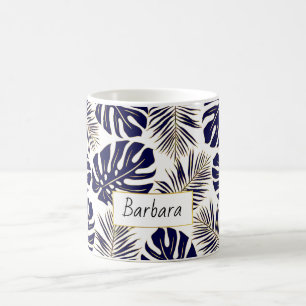 Navy blue and gold tropical leaves and name coffee mug