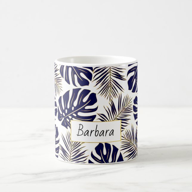 Navy blue and gold tropical leaves and name coffee mug (Center)