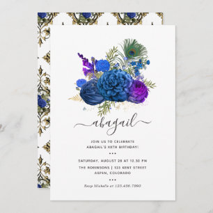 Navy Blue and Gold Vintage Peacock Floral Birthday Invitation