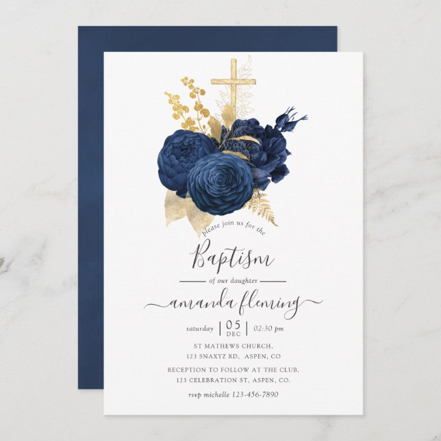 Navy Blue and Gold Vintage Rose Baptism Invitation (Front/Back)